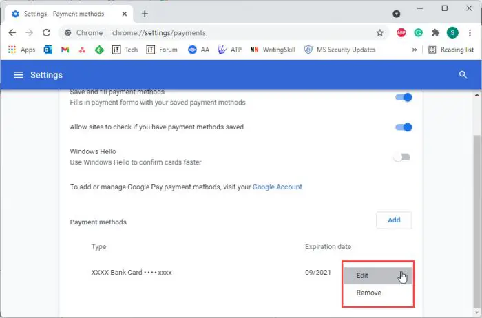 How to Save, Remove, Edit Credit Card information in web browsers 7 chhrome edit or remove
