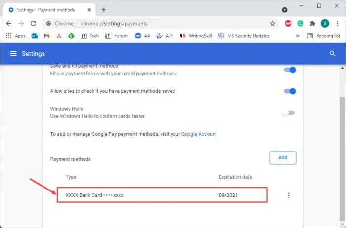 How to Save, Remove, Edit Credit Card information in web browsers 6 chrome card saved
