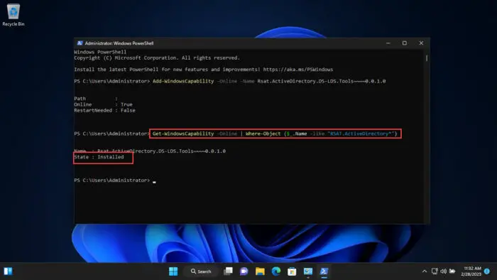 How To Install & Use Active Directory Users And Computers (DSA.msc) Snap-In On Windows 11/10 7 Confirm ADUC installation from PowerShell