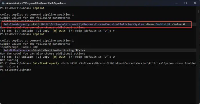 How To Install And Use GitHub PowerShell Copilot Using PowerShell Module 12 Disabling UAC with PowerShell Copilot