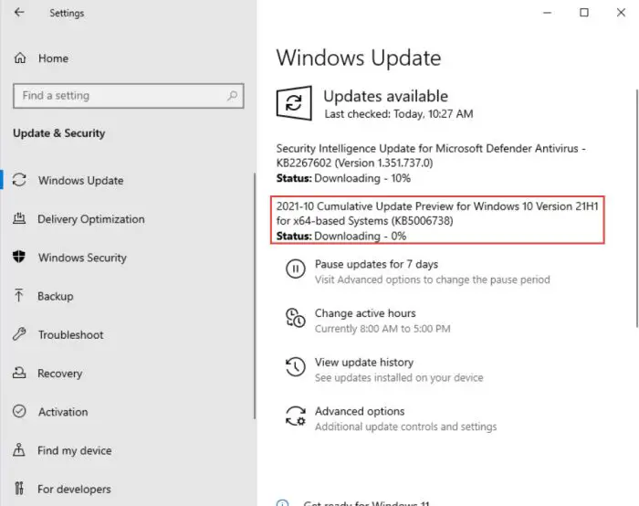 Cumulative Preview Update KB5006738 for Windows 10 v21H2 and v21H1 1 downloading 2