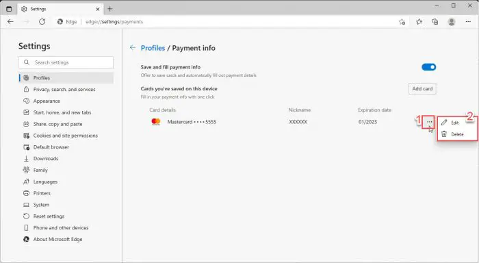 How to Save, Remove, Edit Credit Card information in web browsers 15 edge edit delete