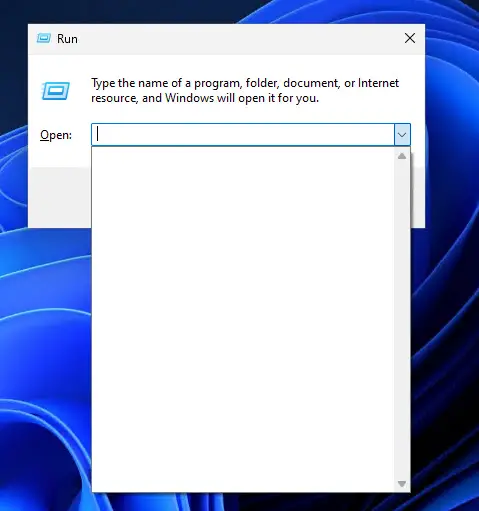 How To Delete, Enable, Or Disable Run Command History In Windows 11, 10 6 Empty suggestion box in Run Command box 1