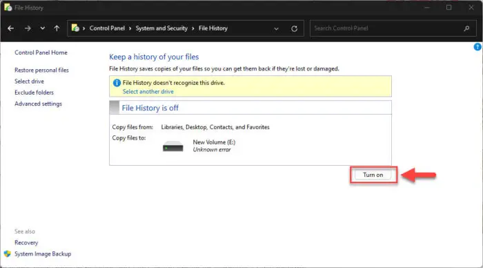 Enable Previous Versions from File History
