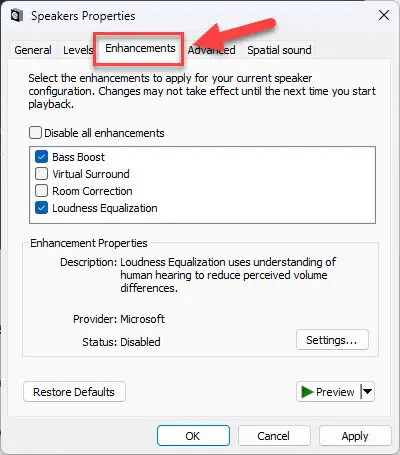 How To Restore Missing Audio Enhancement Tab In Windows 7 Enhancements tab successfully restored