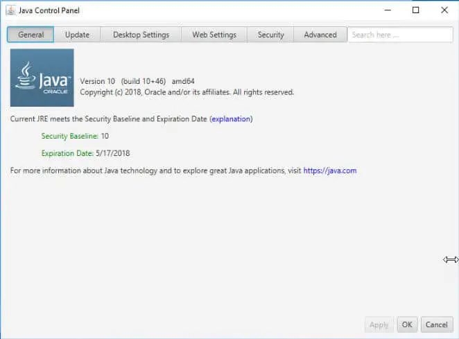 Java 10 Control Panel Java 10 Control Panel