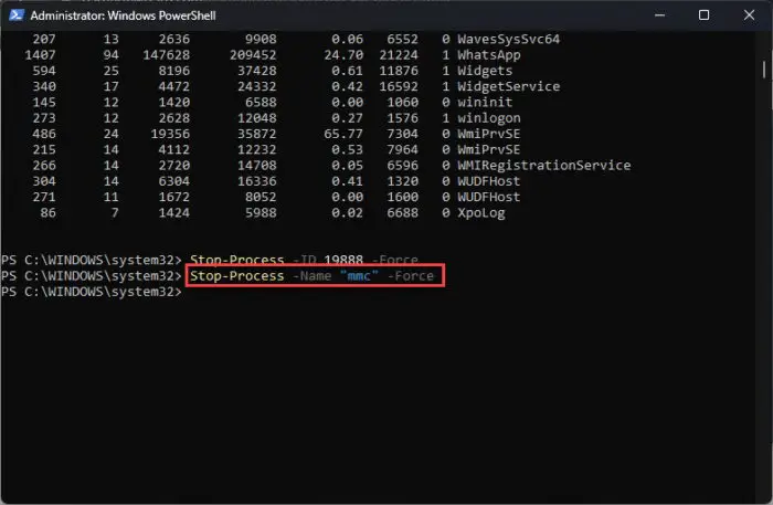 Kill process from PowerShell using process name