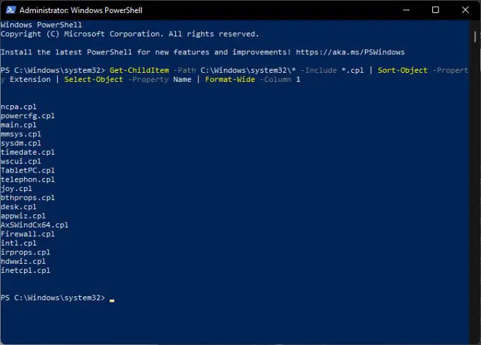 List of Windows Control Panel Applets (CPL Files) 7 pwsh list