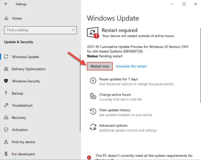 Cumulative Preview Update KB5006738 for Windows 10 v21H2 and v21H1 3 restart now 3
