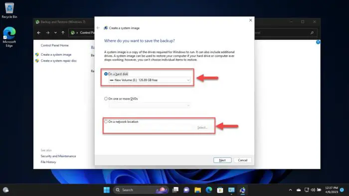 Select location to create system image