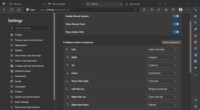 Select mouse gesture actions