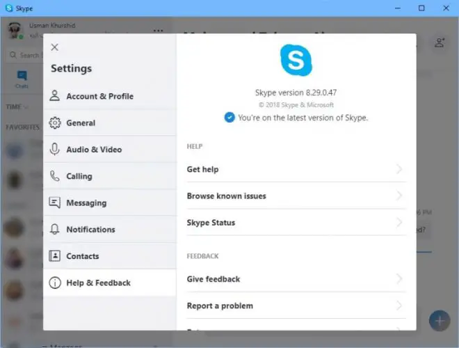 Skype 8 29 Help and Feedback window Skype 8 29 Help and Feedback window