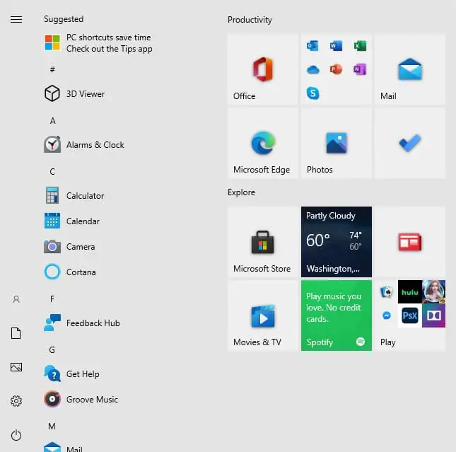 Windows 10 Version 20H2 ISO Download (Build 19042 October 2020 Update) 3 start menu
