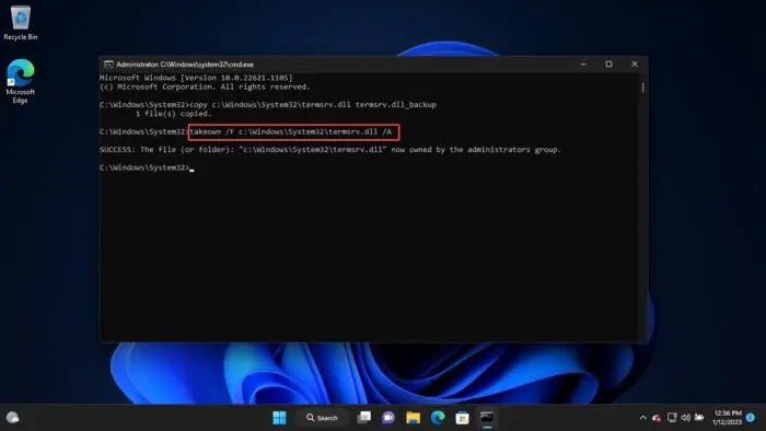 Take ownership of Termsrv dll