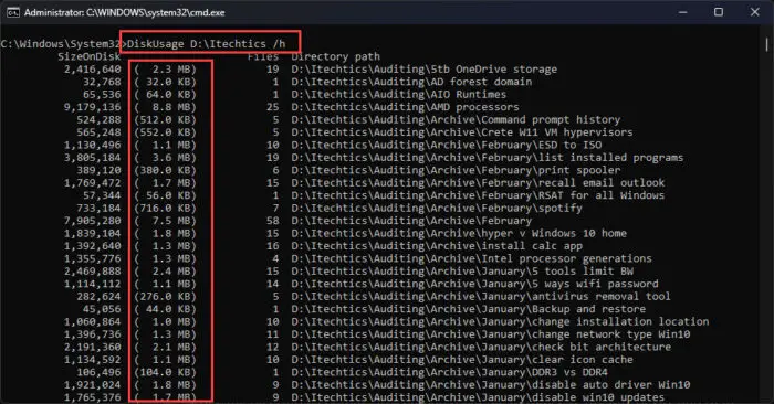 DiskUsage: Check Disk Space In Windows 11 Using Command Line 2 View disk usage with file size