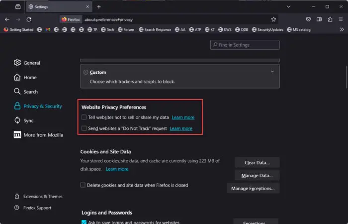 New Mozilla Firefox 120 Prevents Websites From Tracking, Sharing, And Selling Your Data 1 Website privacy preferences in Firefox 120